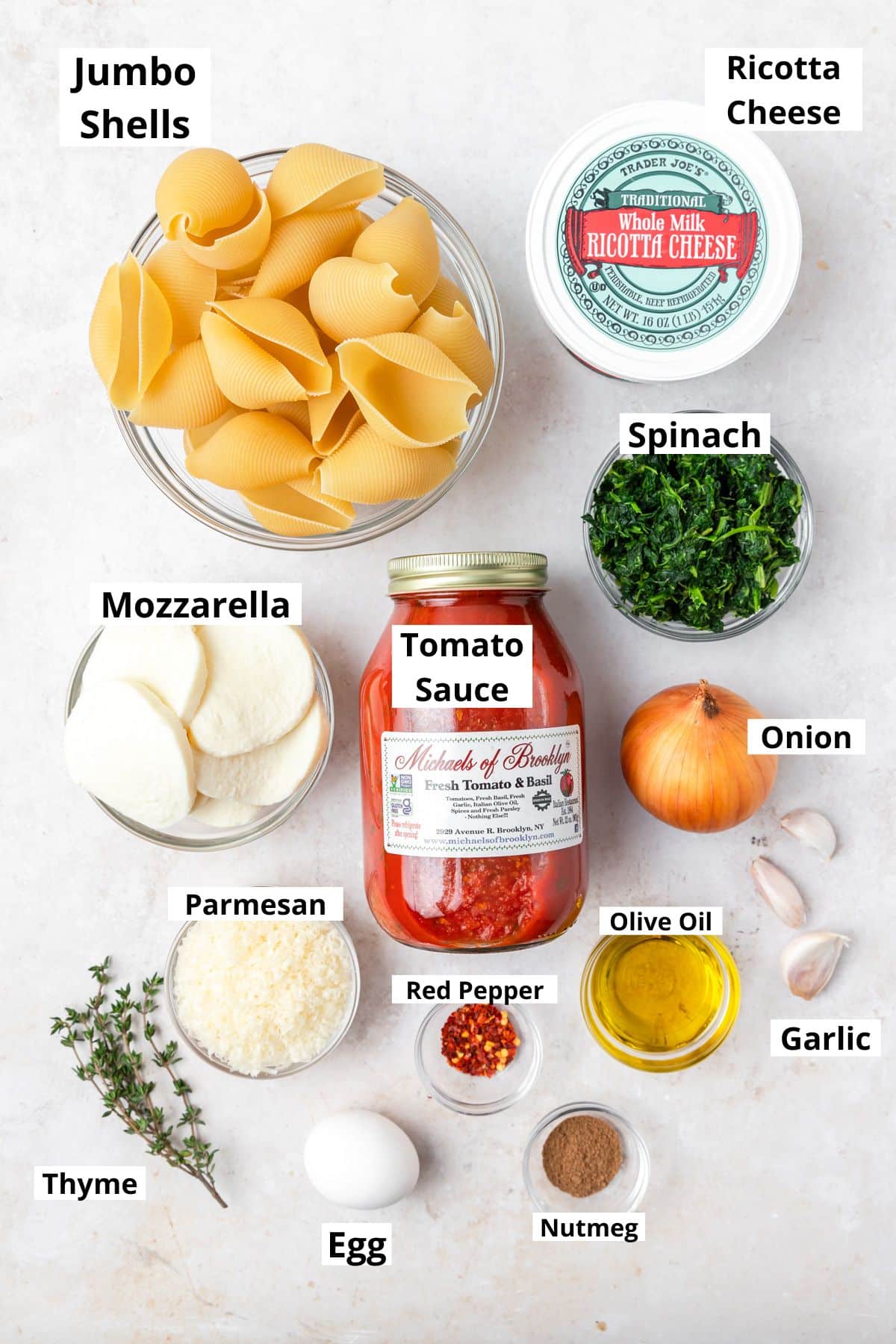 labeled ingredients for spinach stuffed shells.