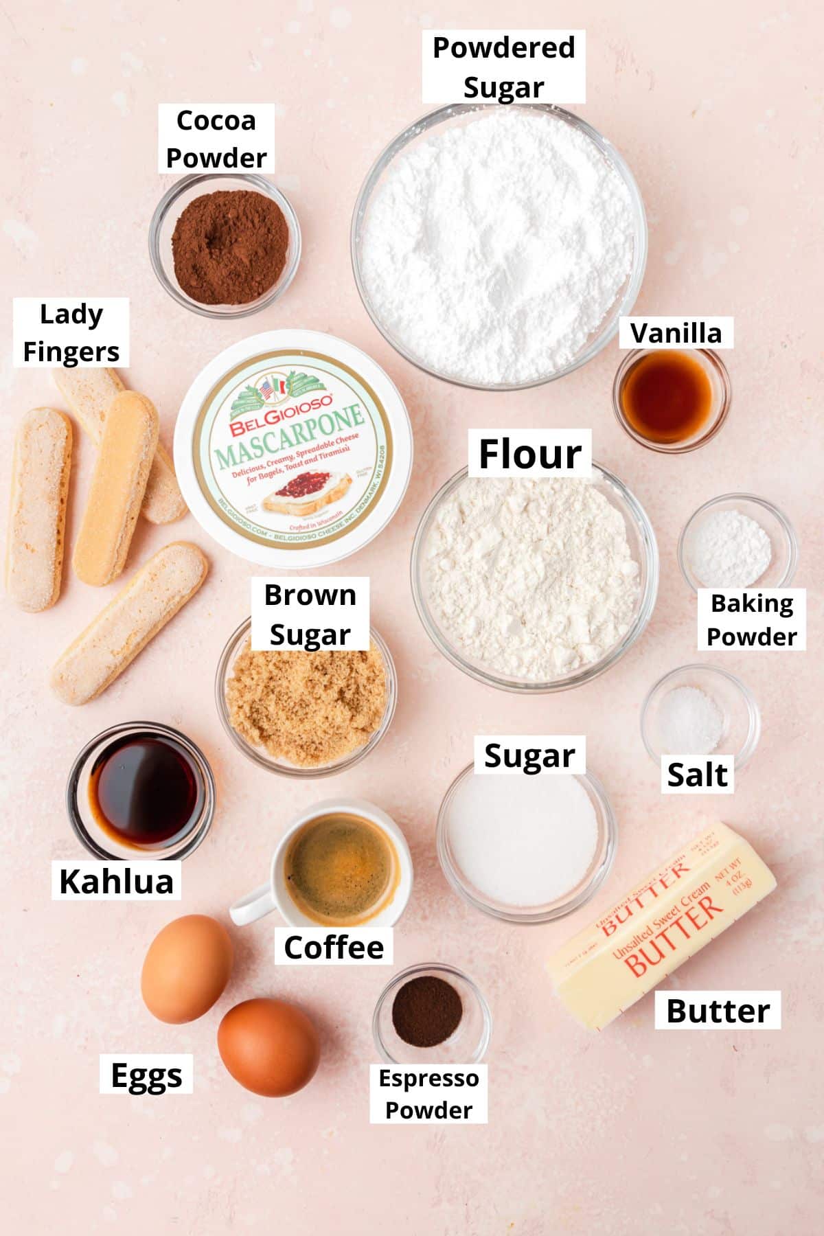 labeled shot of ingredients for tiramisu cupcakes.