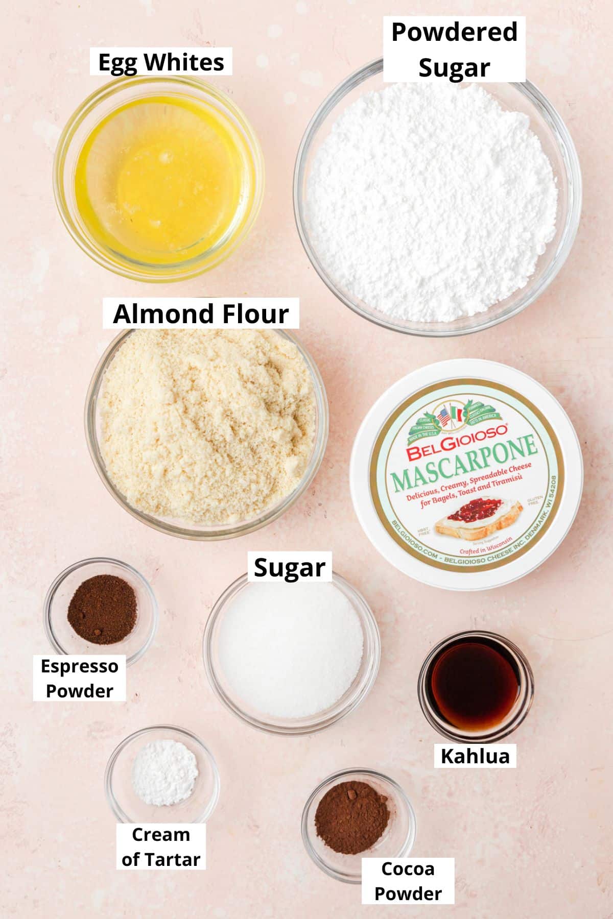 labeled ingredients for tiramisu macarons.