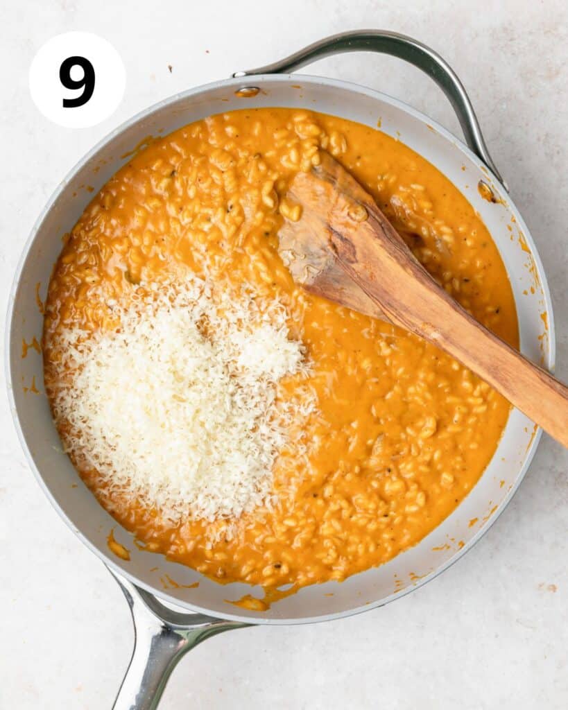 adding parmesan cheese to pumpkin risotto.