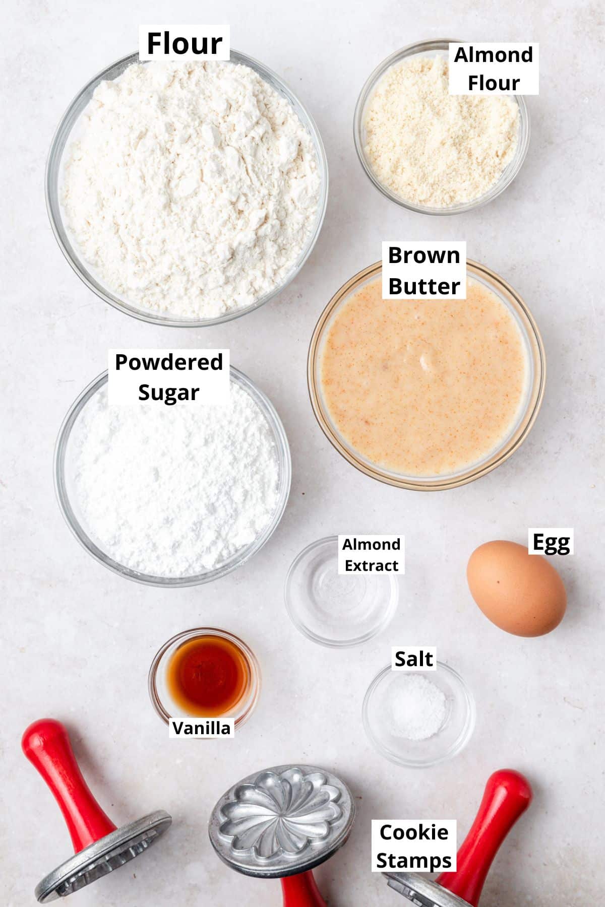 labeled ingredients for brown butter stamp cookies.