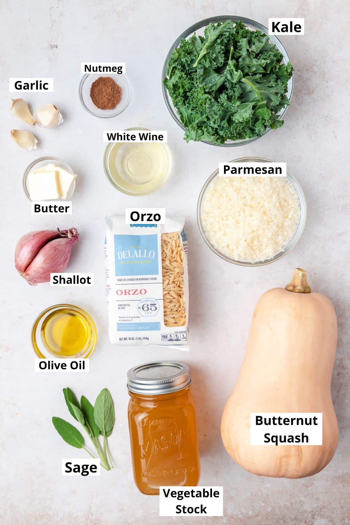 labeled ingredients for butternut squash orzo.