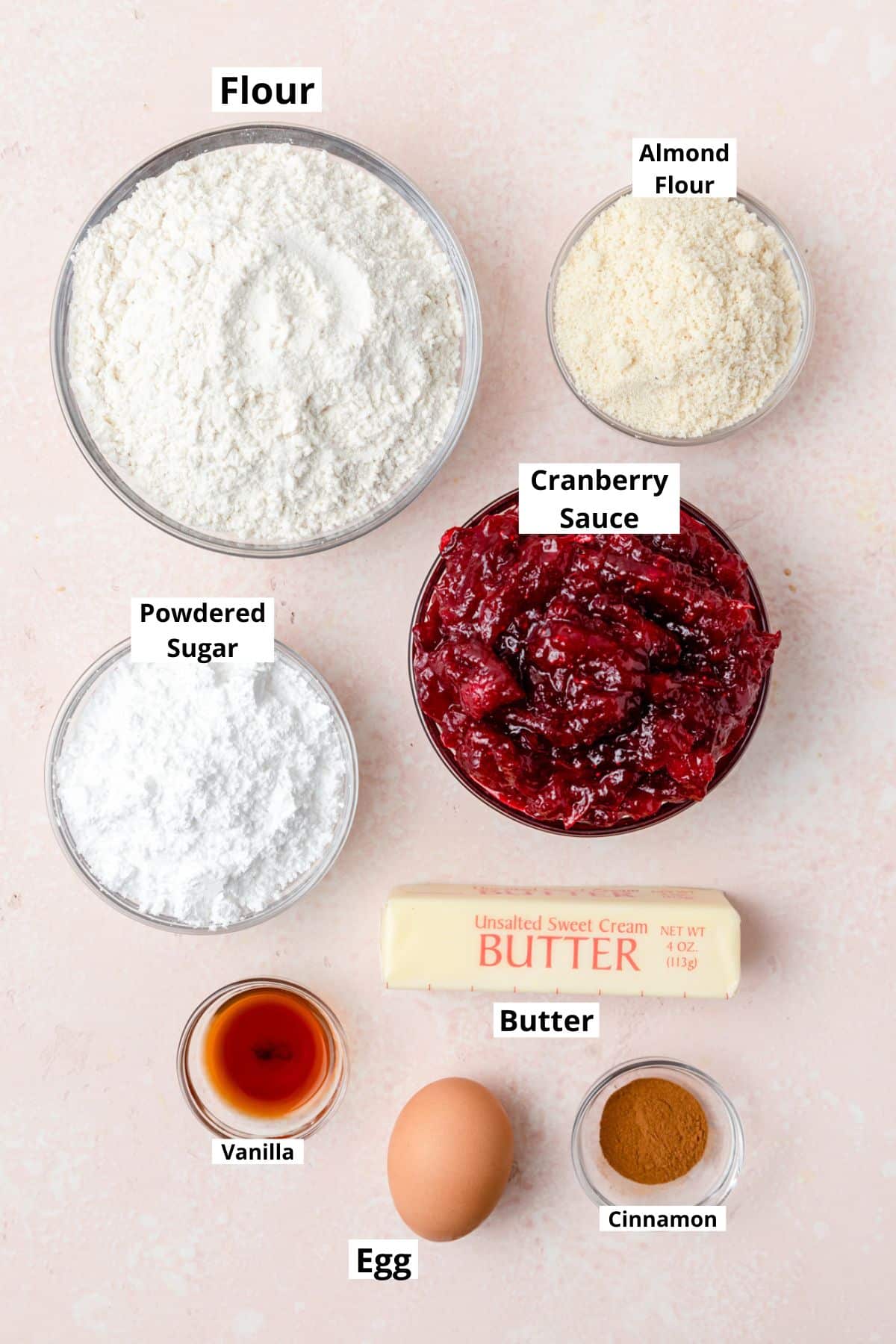 labeled ingredients for cranberry crumb bars.