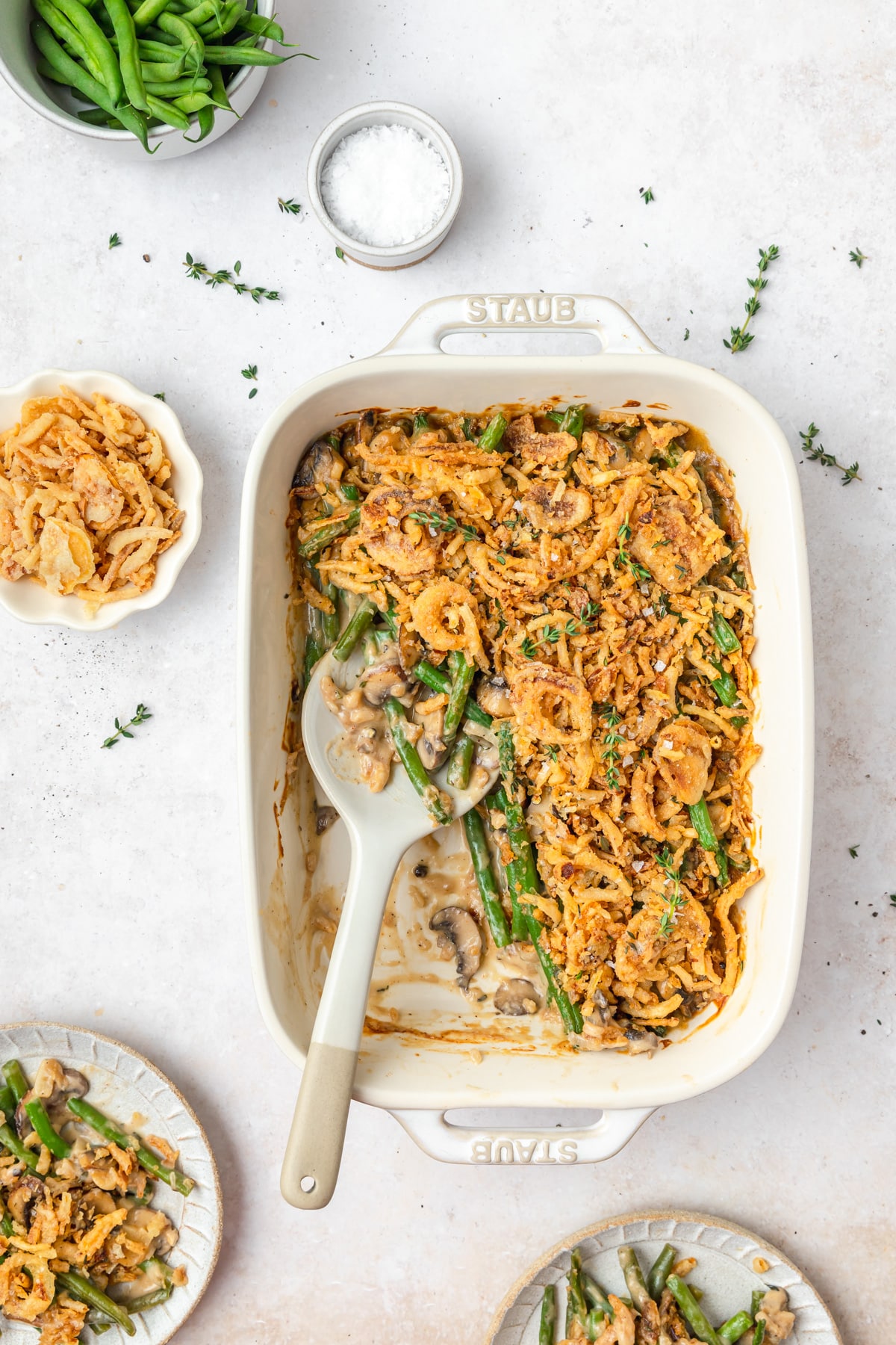 fresh green bean casserole topped with fried onions.