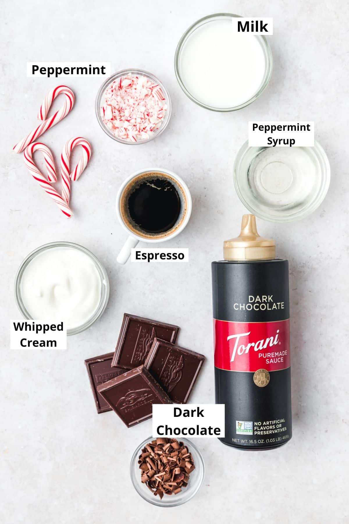 labeled ingredients for peppermint mocha latte.