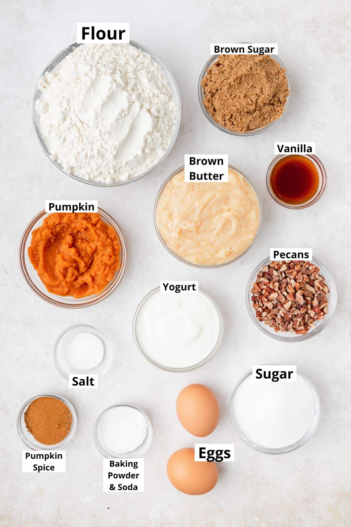 labeled ingredients for pumpkin coffee cake.