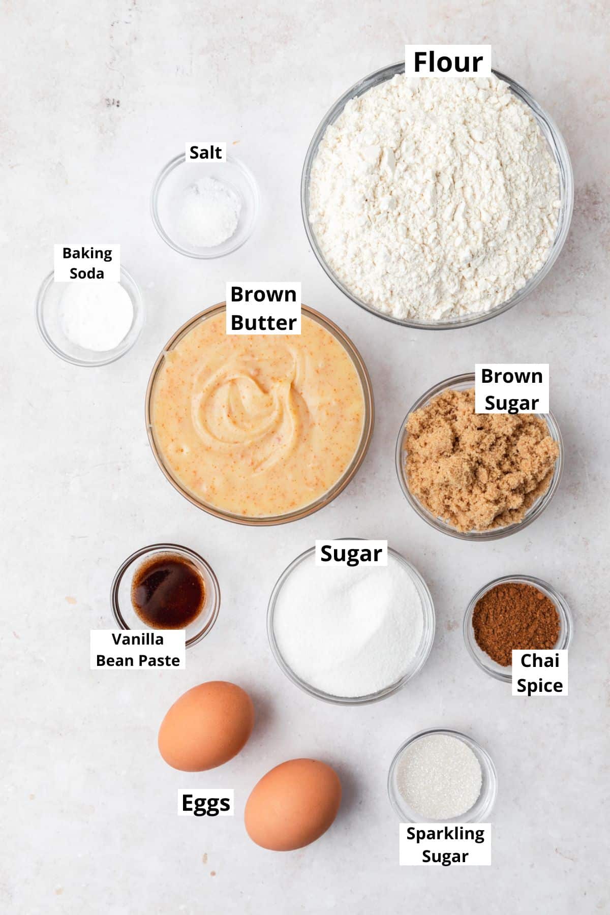 labeled ingredients for chai spice cookies.