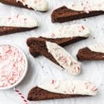 close up of chocolate peppermint biscotti dipped in white chocolate.
