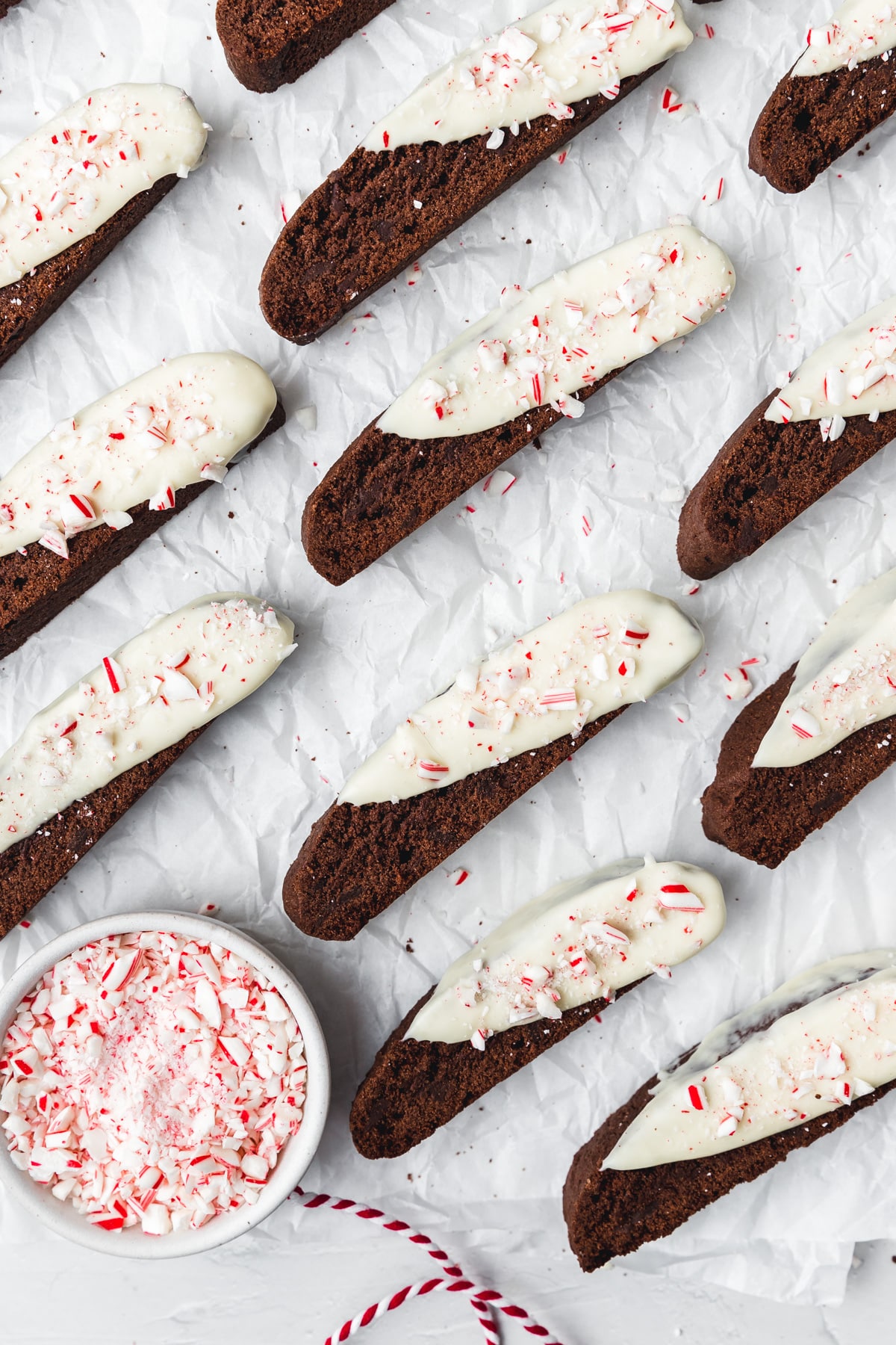 chocolate peppermint biscotti with crushed candy canes.