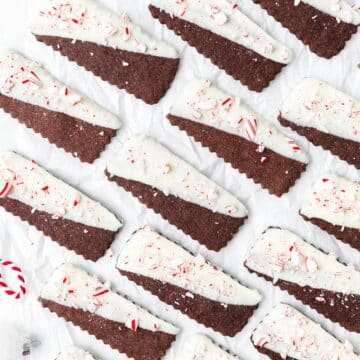close up shot of chocolate peppermint shortbread cookies.