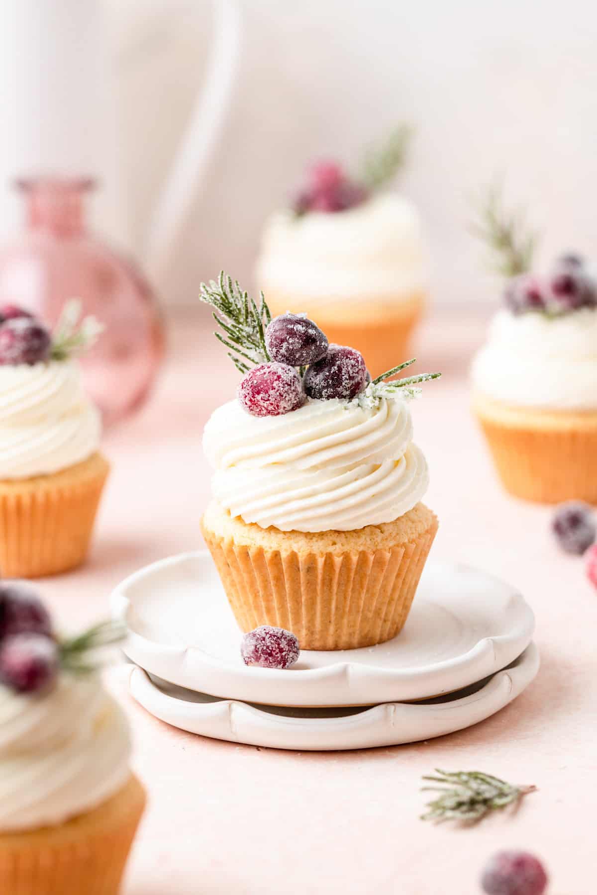 cranberry white chocolate cupcakes filled with cranberry sauce.