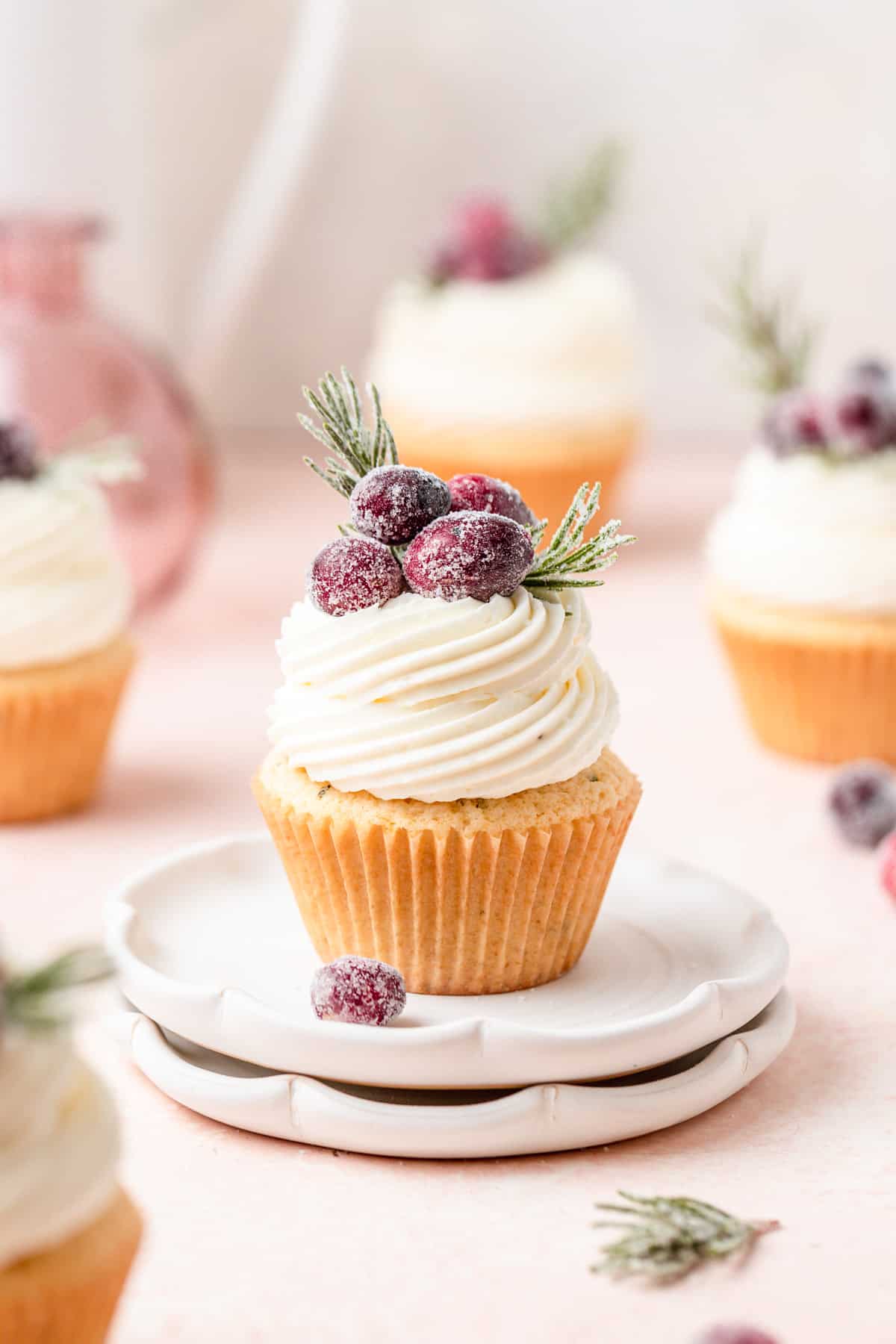 cranberry cupcakes topped with sugared rosemary and cranberries.