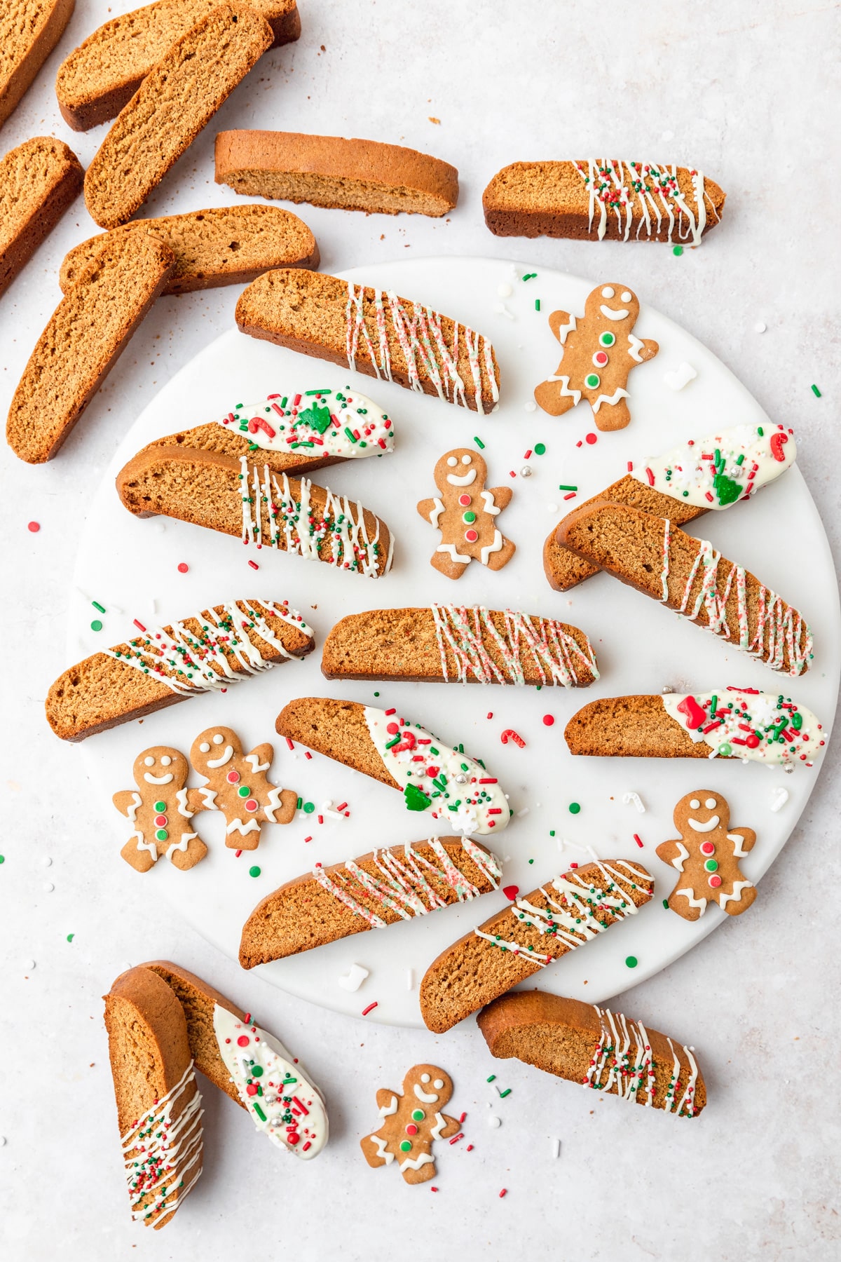 gingerbread biscotti dipped in white chocolate.