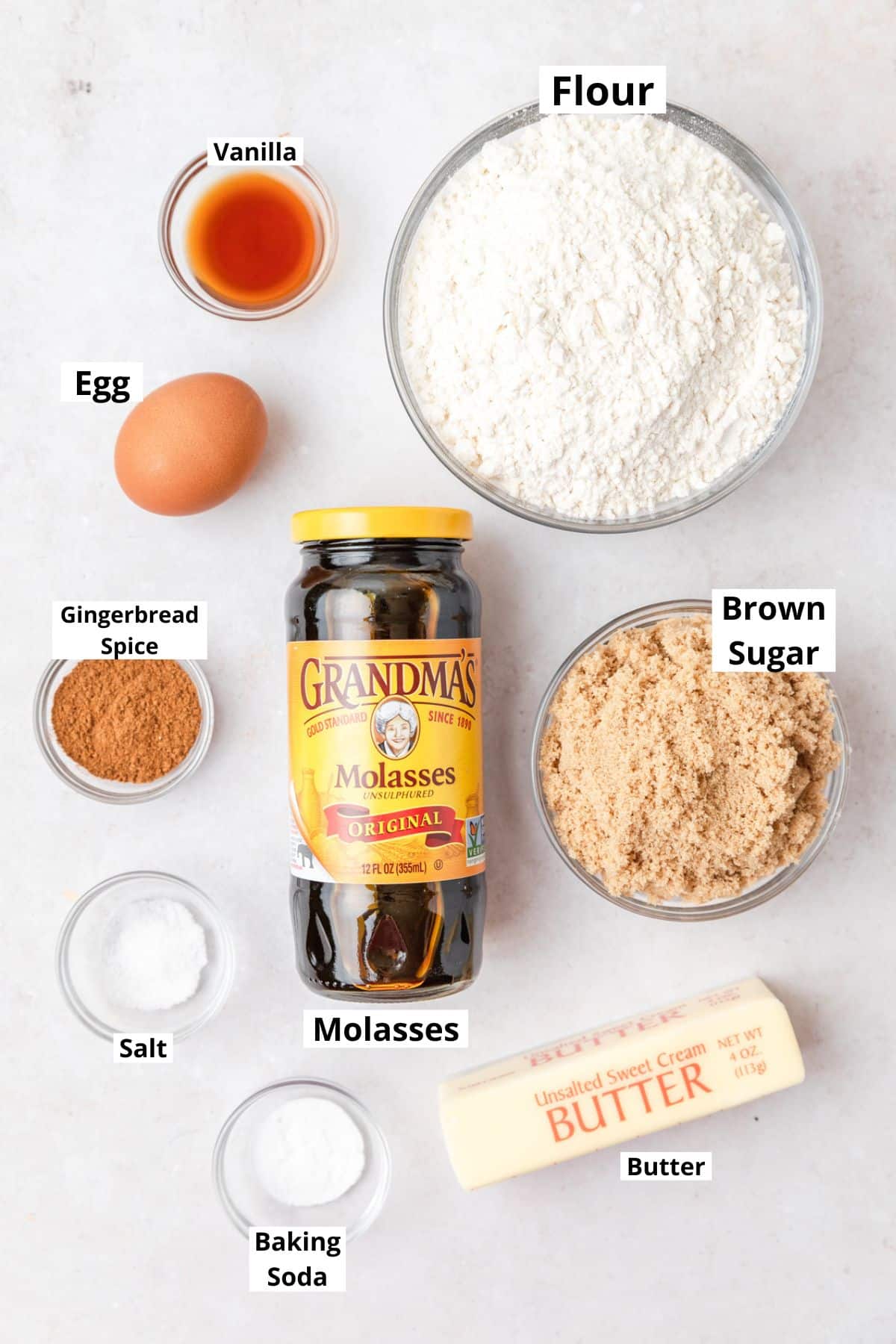 labeled ingredients for classic gingerbread cookies.