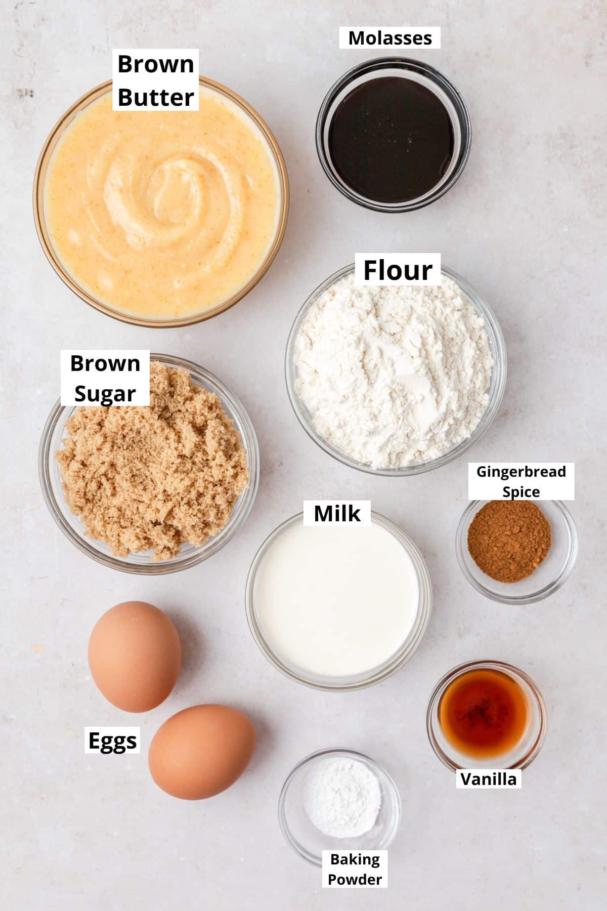 labeled ingredients for gingerbread cupcakes.