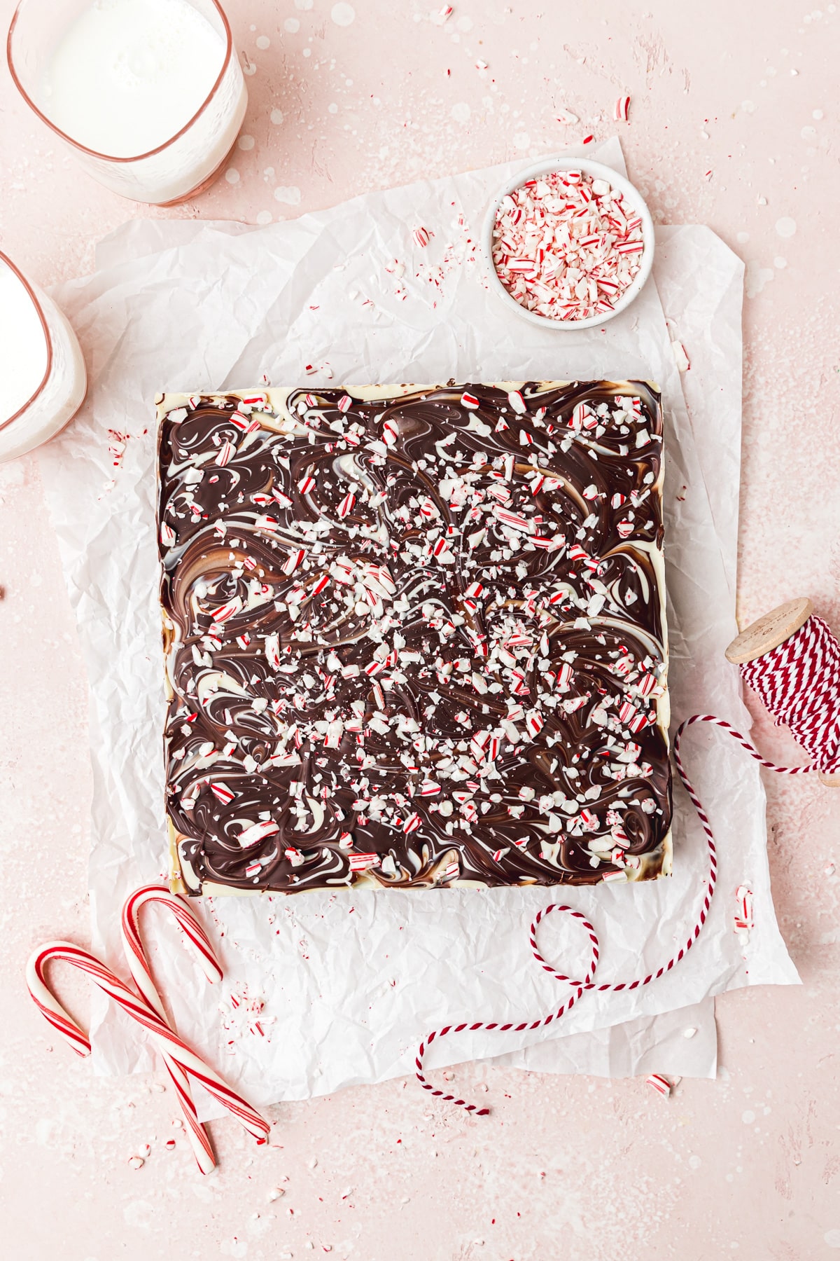 peppermint bark brownies with swirled dark and white chocolate.