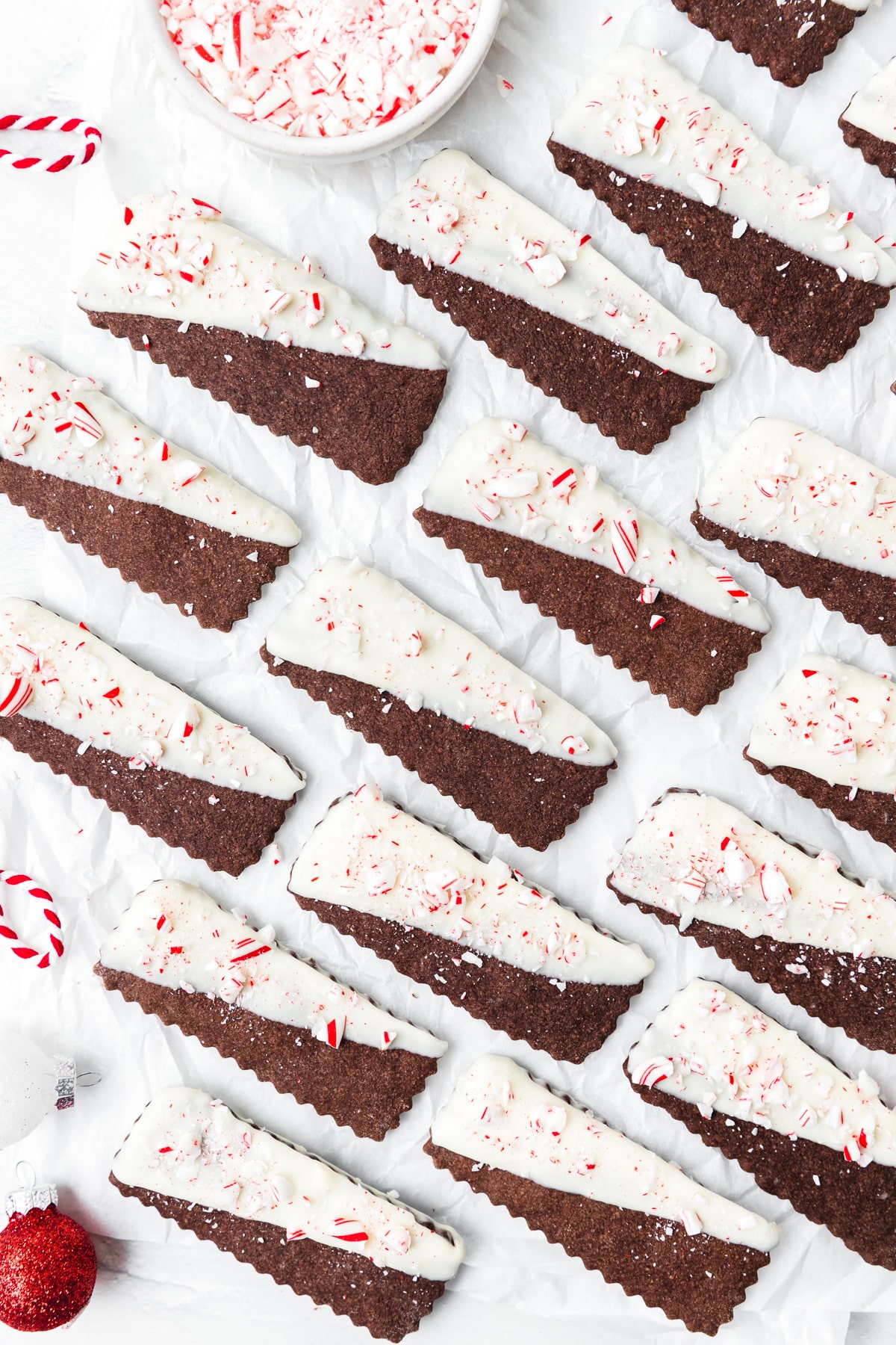 chocolate peppermint shortbread cookies with crushed candy canes.