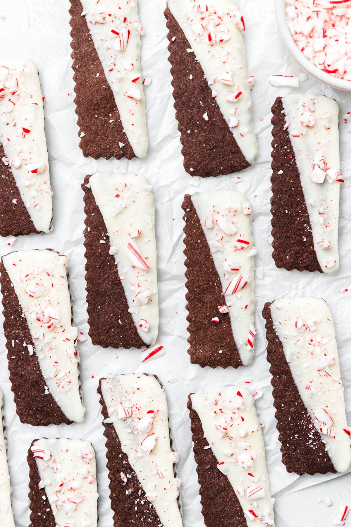 chocolate shortbread cookies dipped in white chocolate.