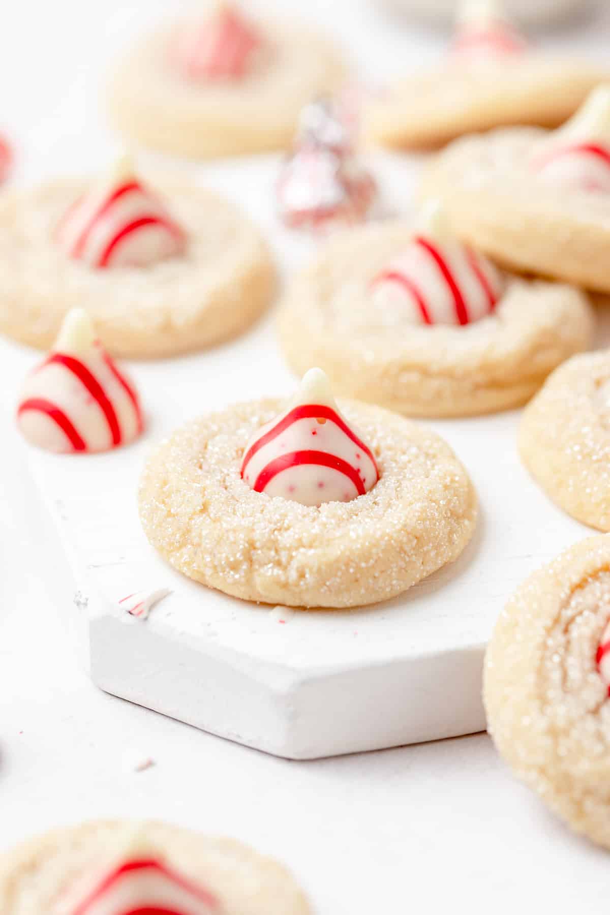 peppermint blossoms cookies with peppermint kisses on top.