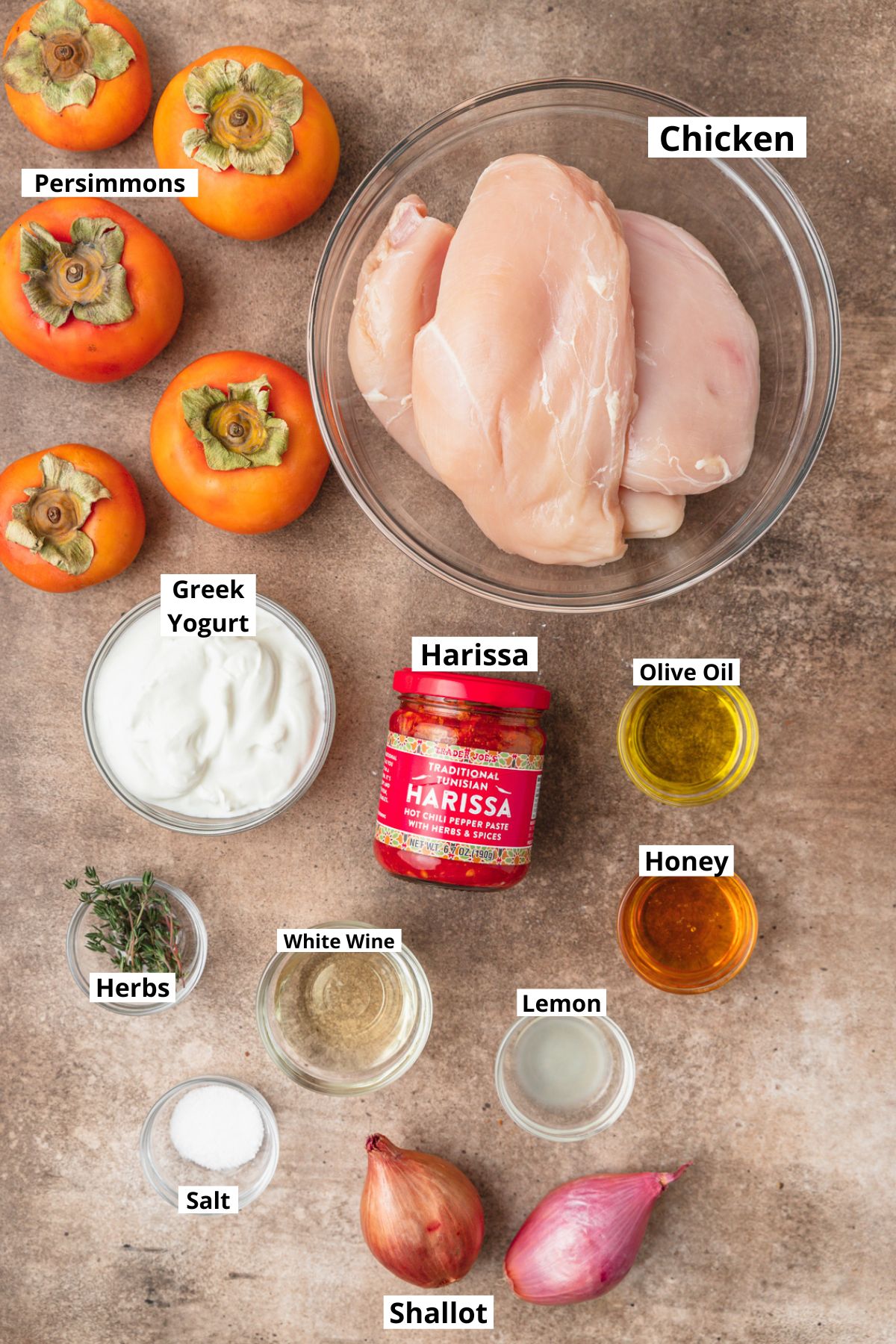 labeled ingredients for harissa and persimmon roast chicken.