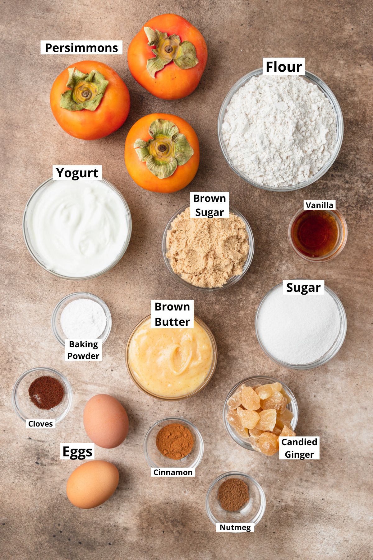 labeled ingredients for persimmon loaf cake.