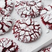 close up shot of red velvet crinkle cookies.