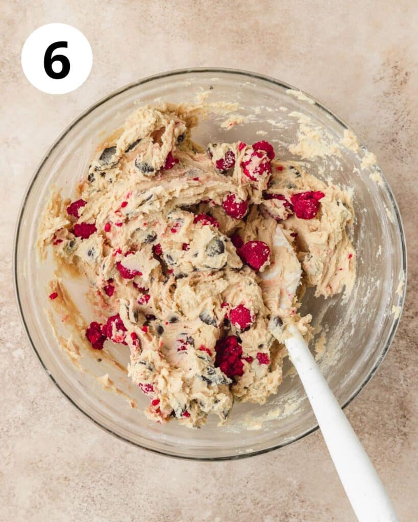 raspberry chocolate chip cookie dough in bowl.