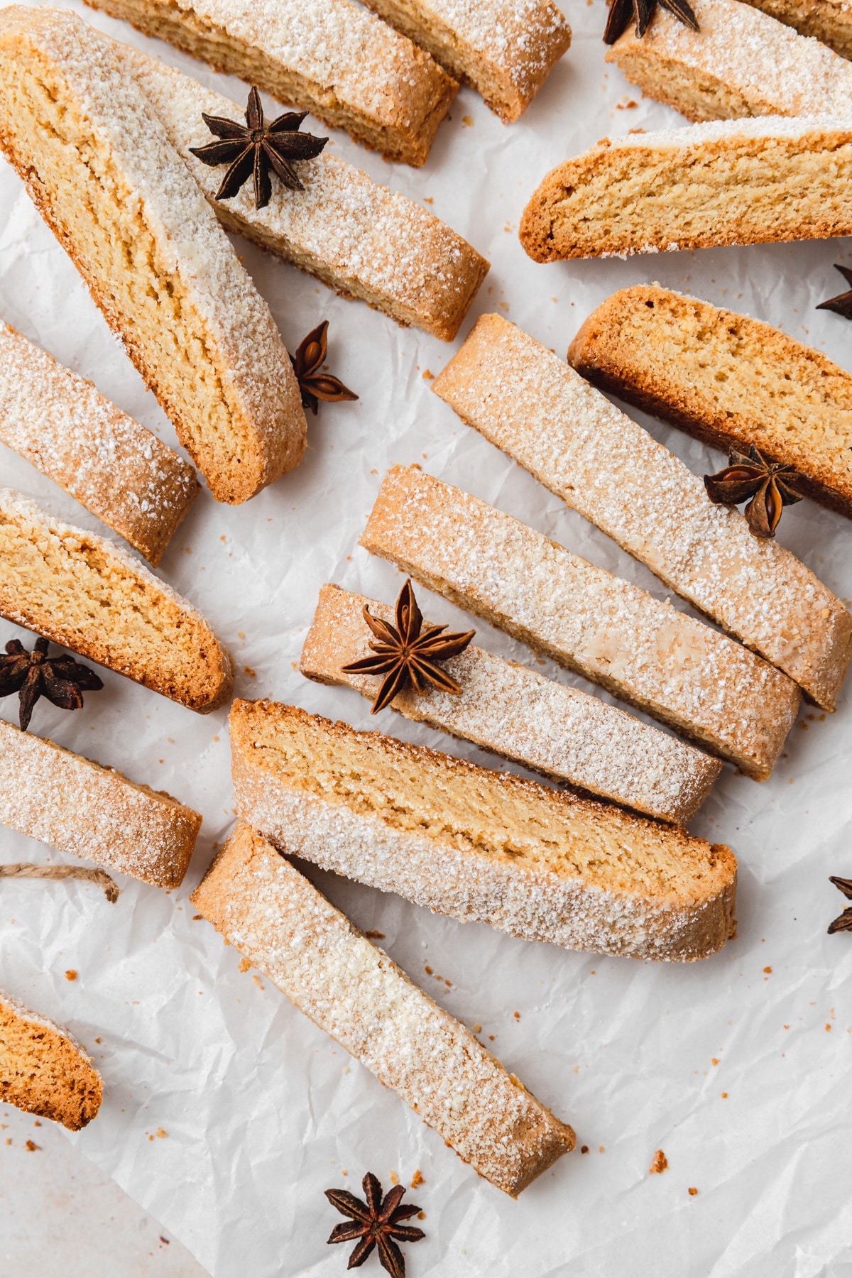 brown butter anise biscotti with powdered sugar on top.