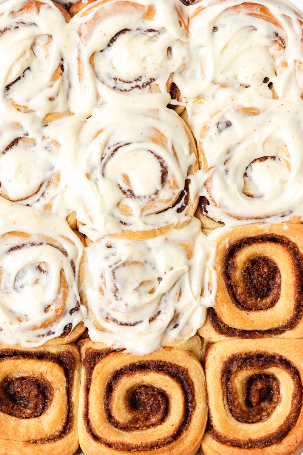 close up of tops of brown butter eggnog cinnamon rolls.