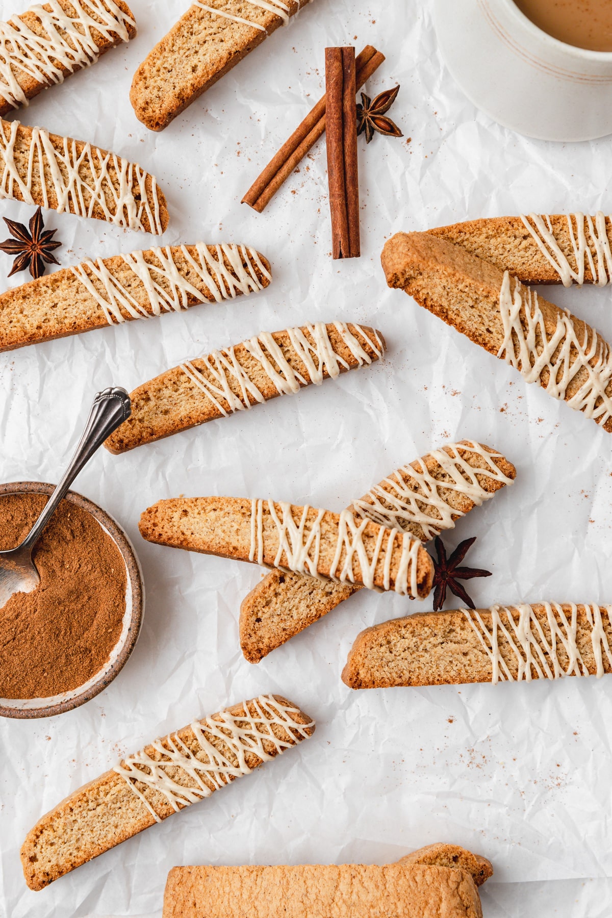 brown butter chai biscotti with chocolate drizzle.