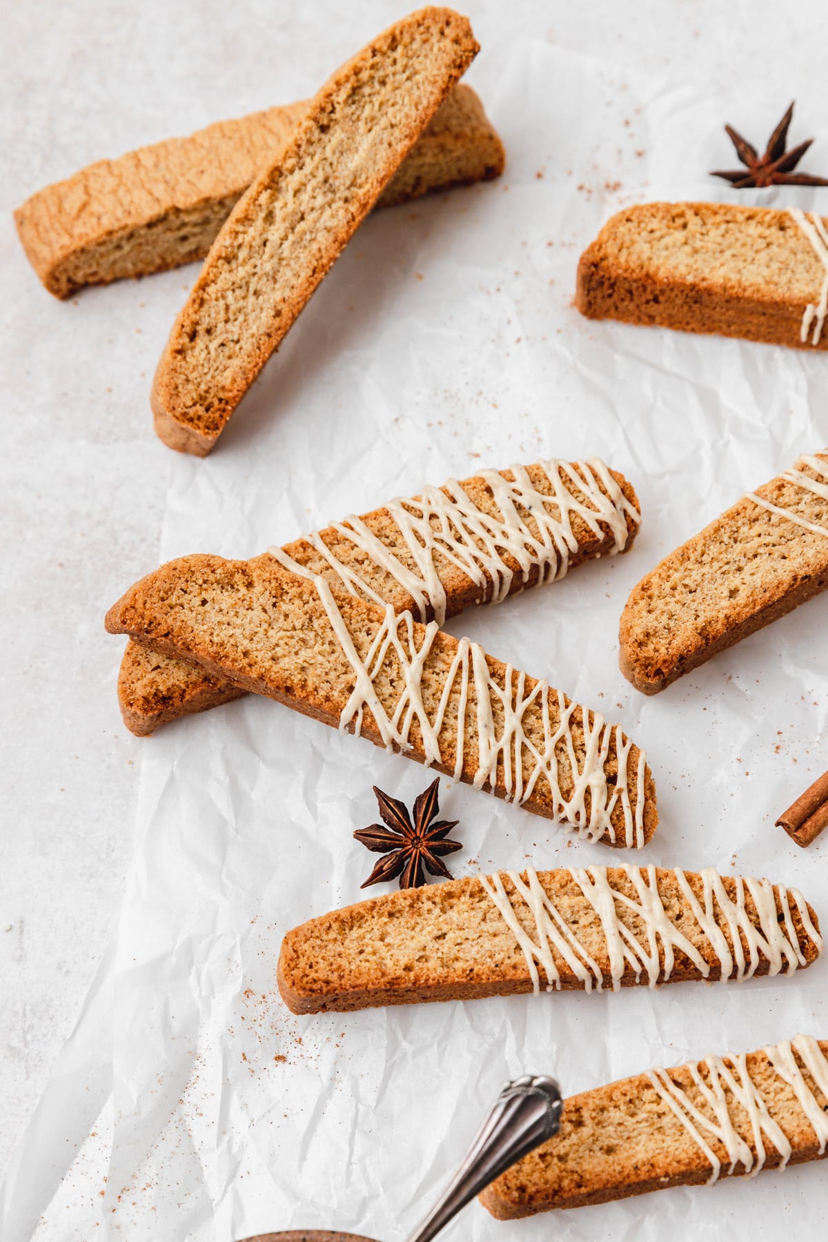 brown butter chai spice biscotti with white chocolate. 