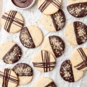 close up shot of chocolate almond shortbread cookies.