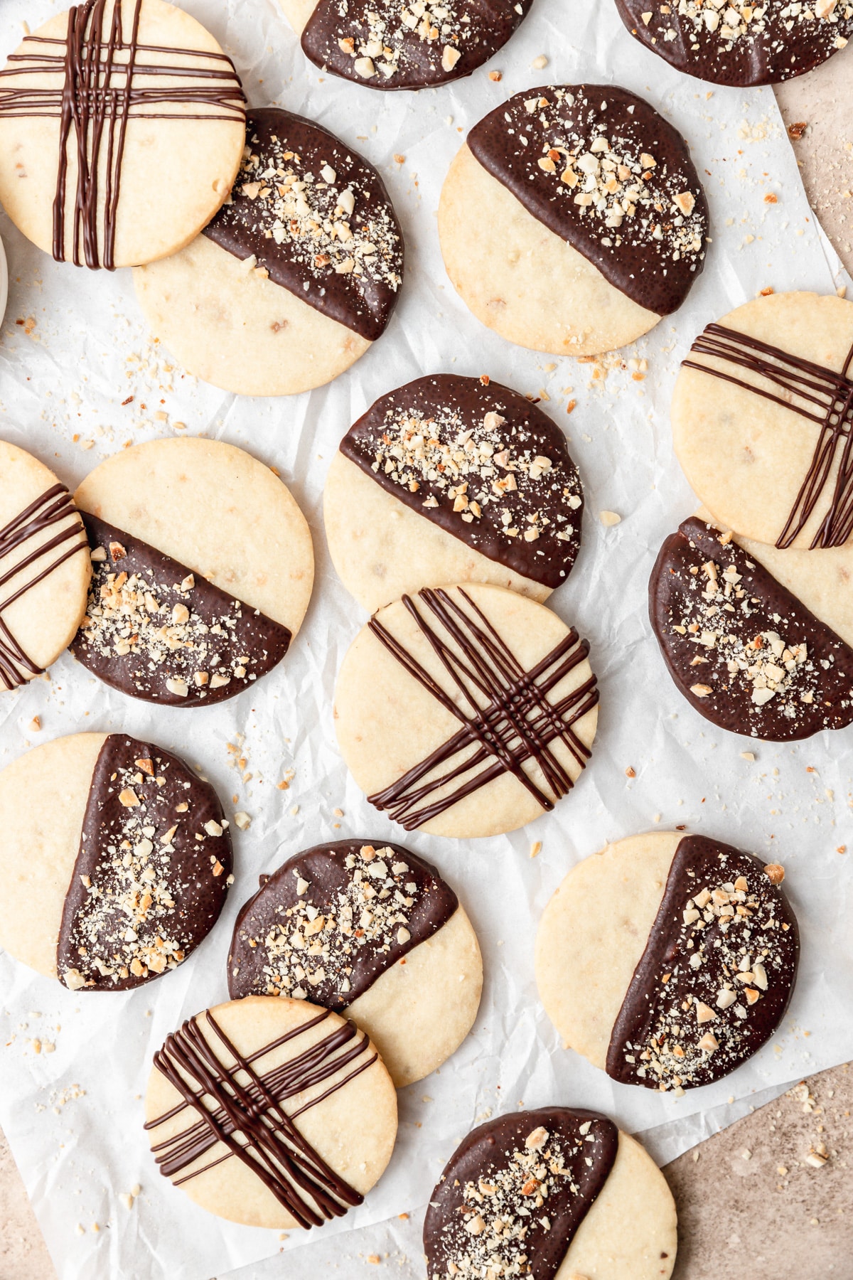 chocolate dipped almond shortbread cookies.