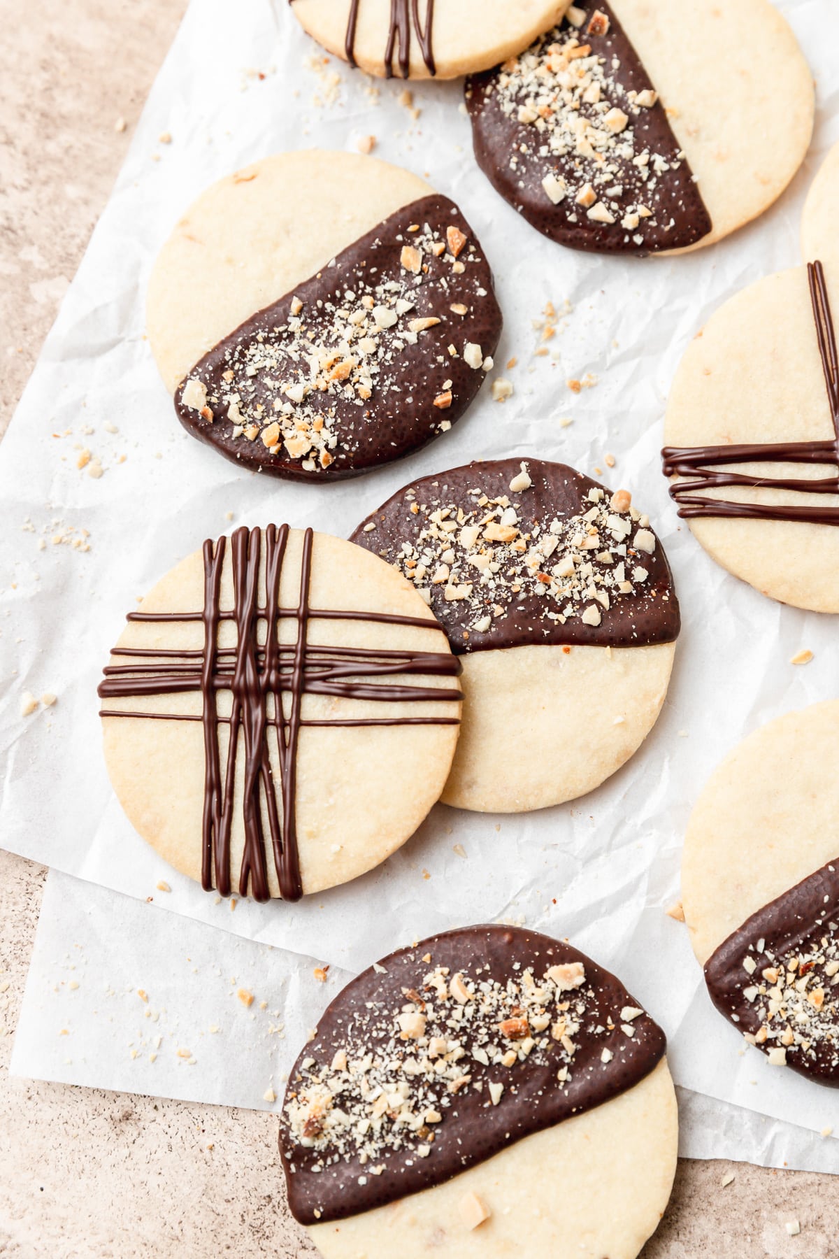 almond shortbread cookies decorated with dark chocolate.