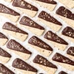 close up of brown butter chocolate hazelnut shortbread cookies.