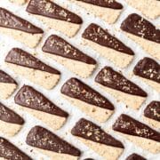 close up shot of brown butter chocolate hazelnut shortbread cookies.