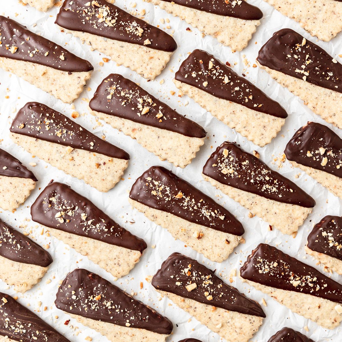 close up shot of brown butter chocolate hazelnut shortbread cookies.