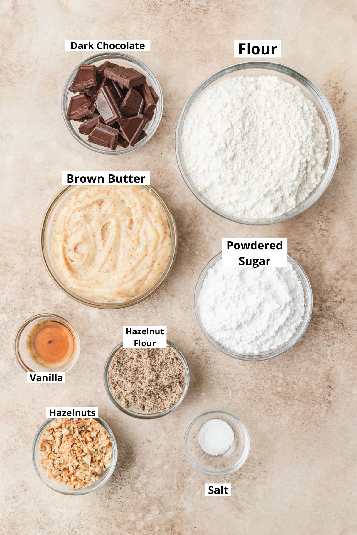 labeled ingredients for chocolate hazelnut shortbread.