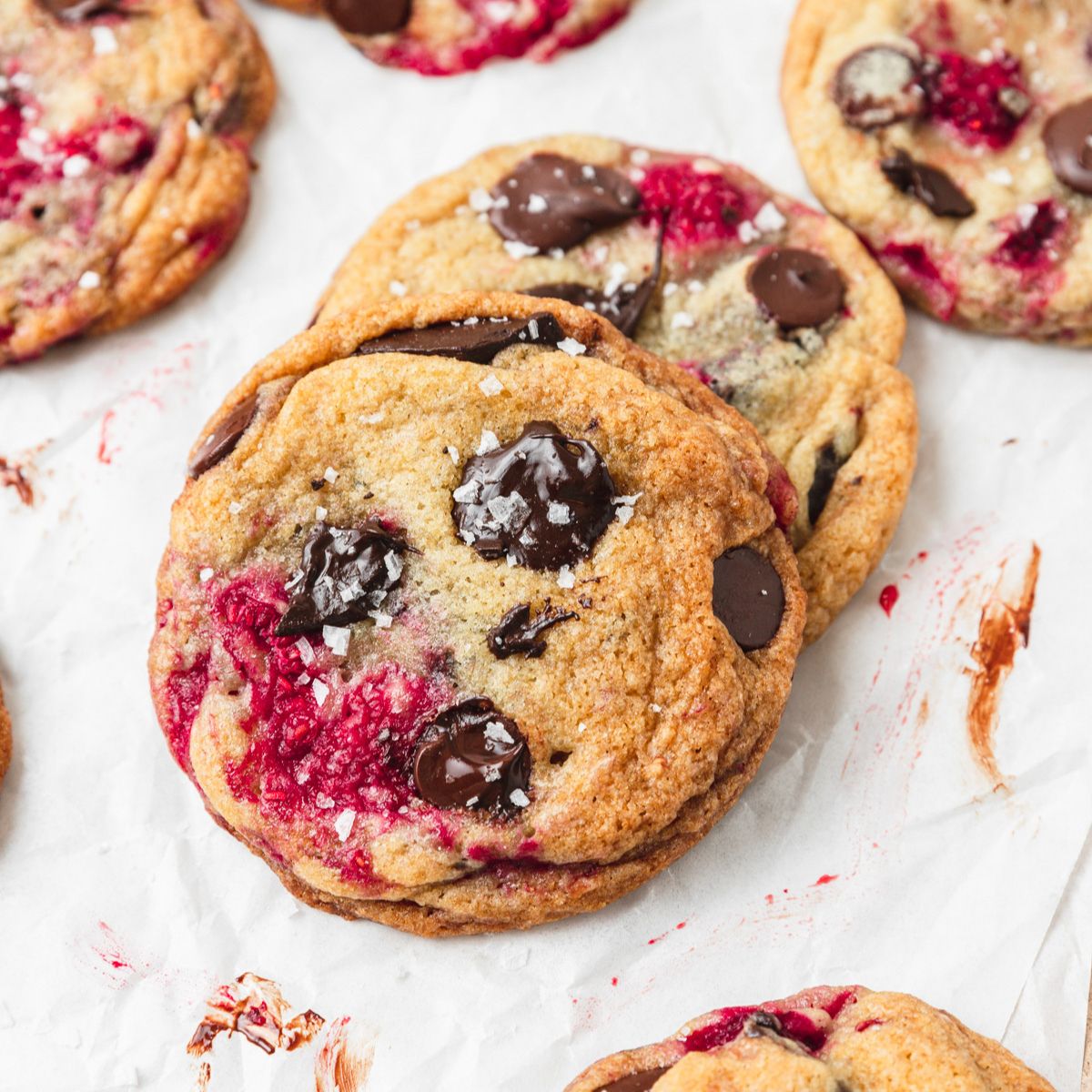 close up shot of chocolate chip raspberry cookies.