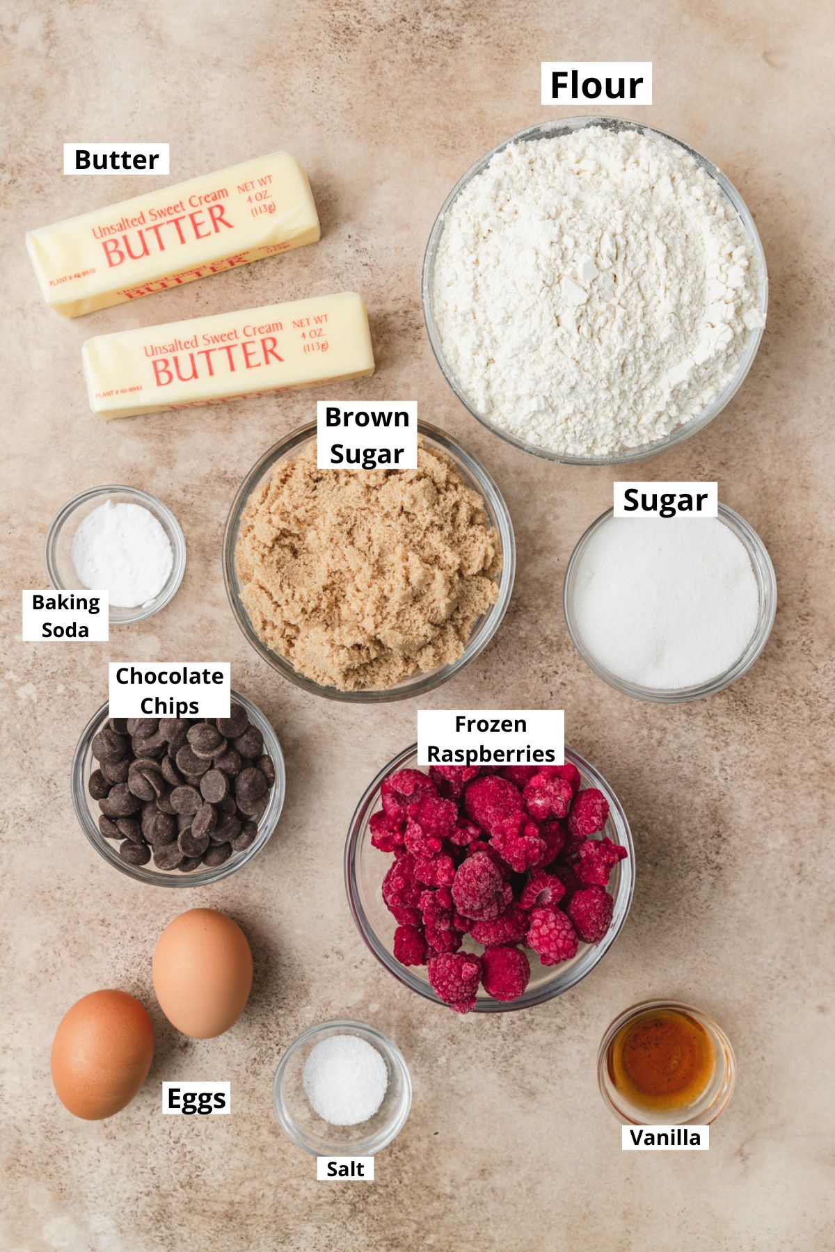 labeled ingredients for chocolate raspberry cookies.