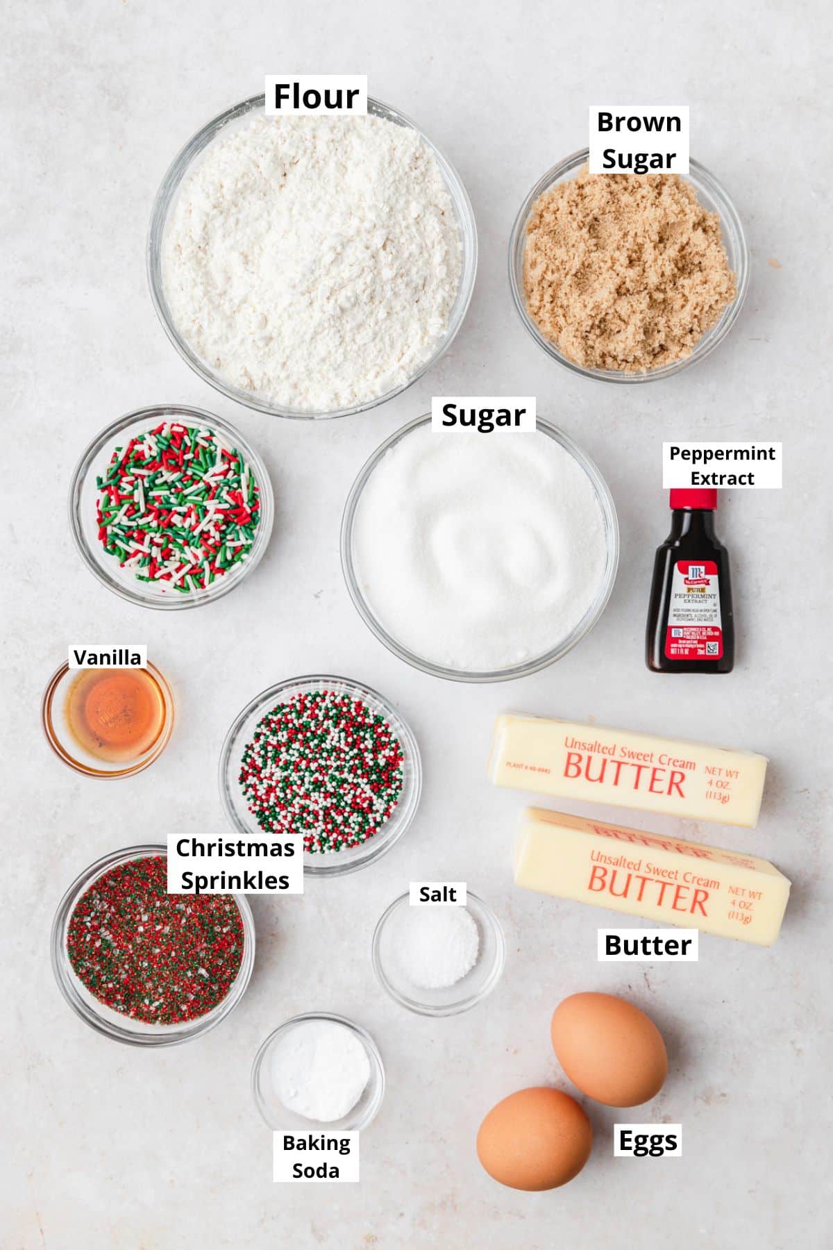 labeled ingredients for christmas sprinkle cookies.
