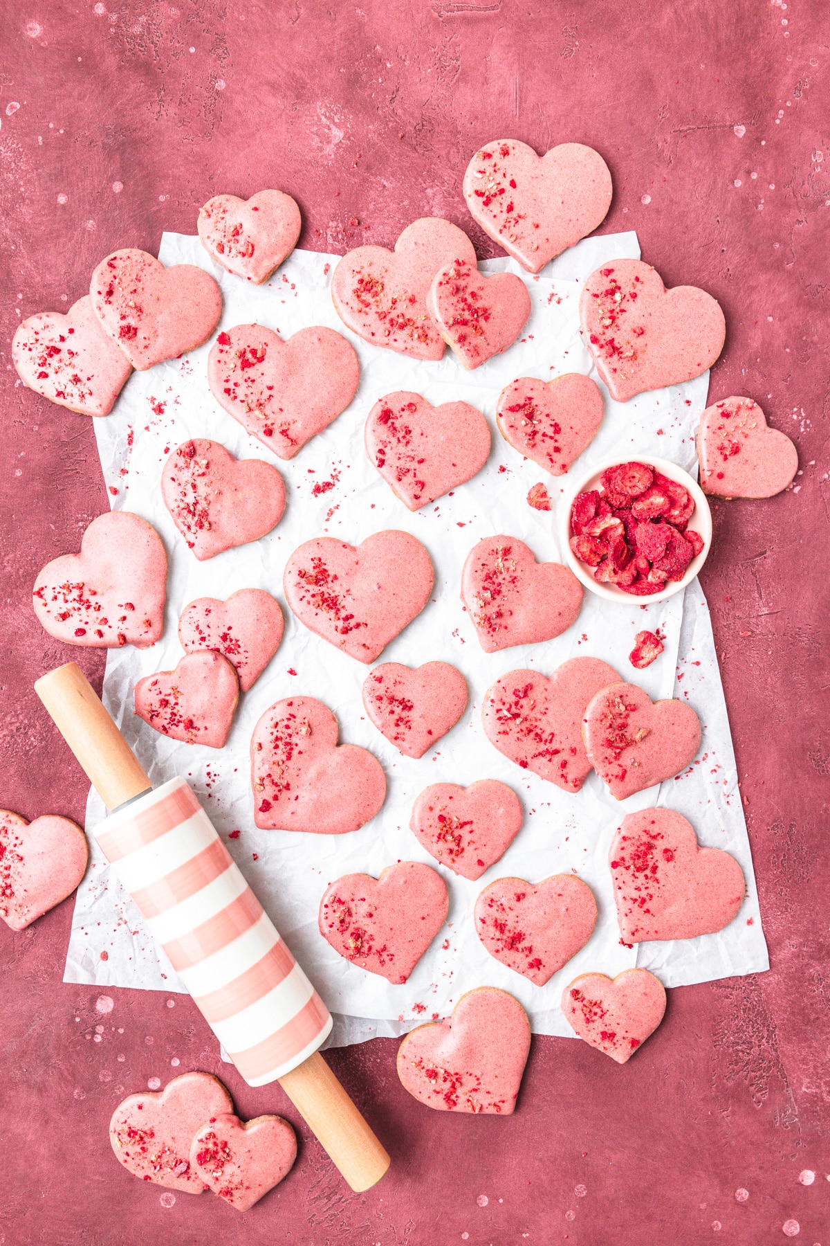 pink heart shaped strawberry shortbread cookies.