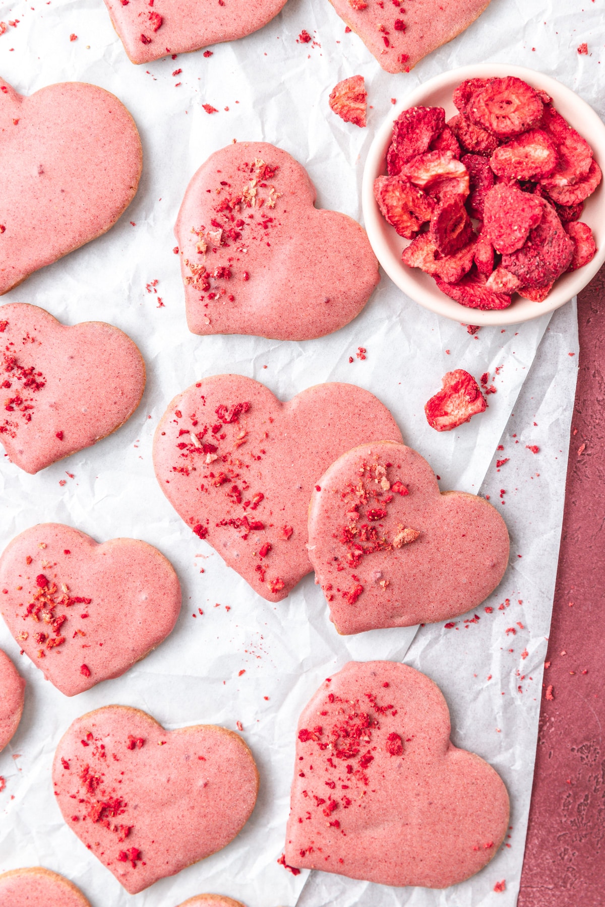 heart shaped strawberry shortbread cookies.