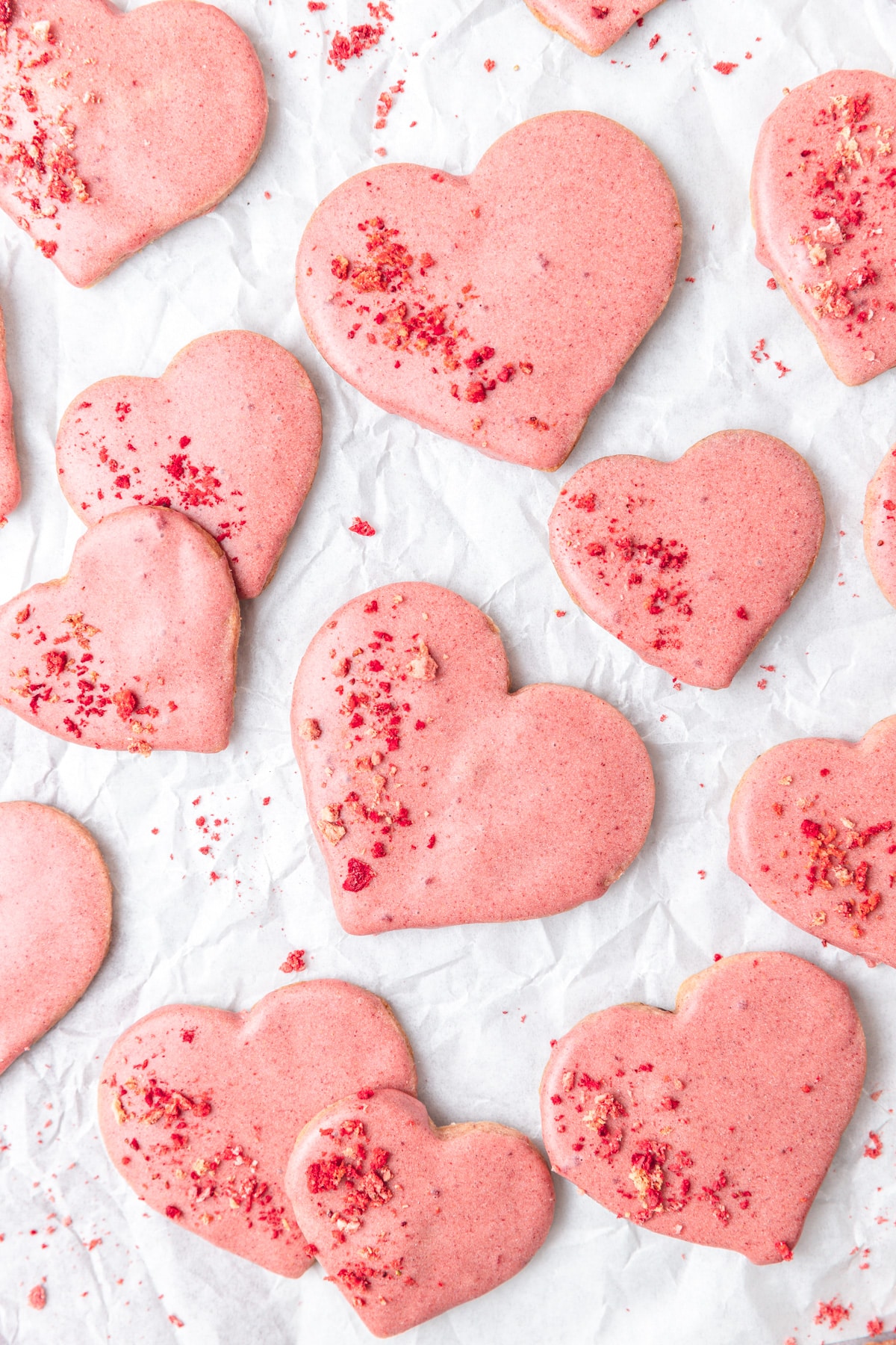 heart shaped shortbread cookies with freeze dried strawberries.