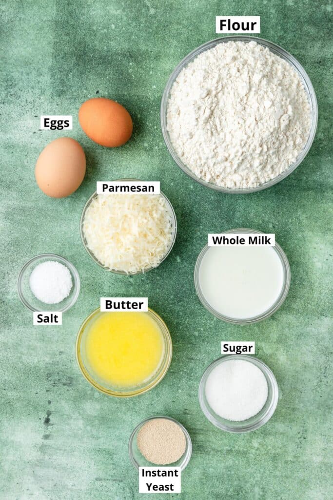 ingredients for parmesan brioche dough.