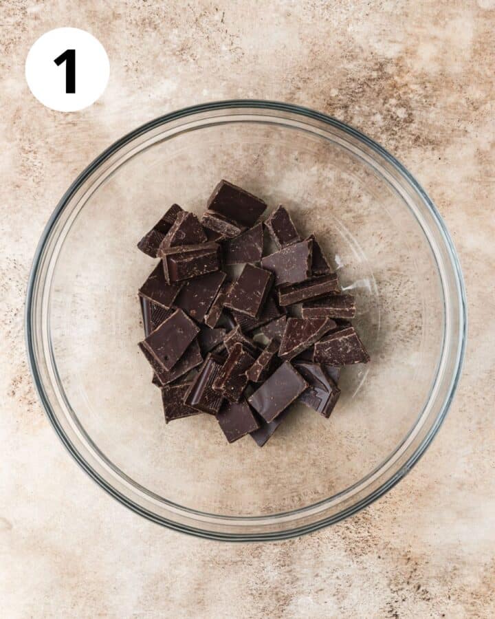 chopped dark chocolate in bowl.