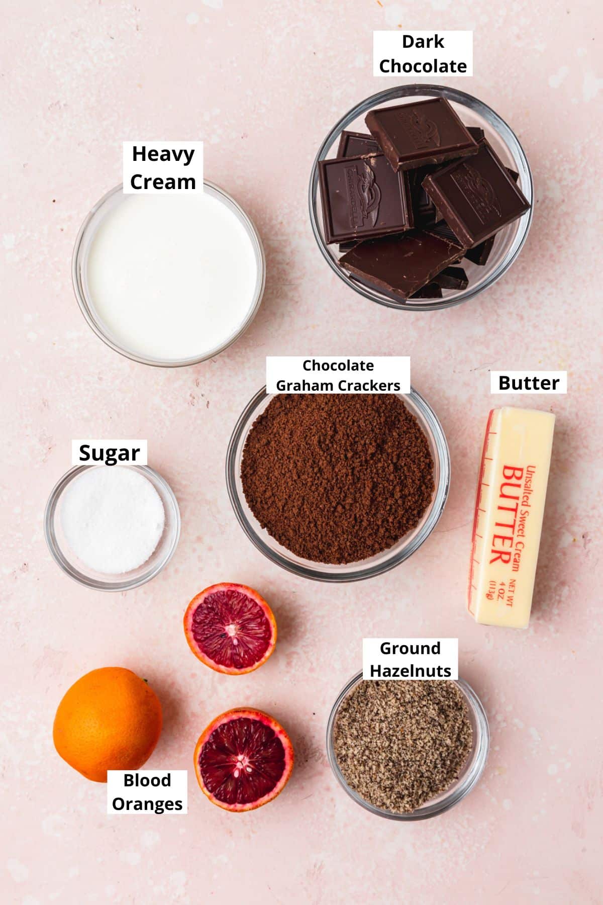 labeled ingredients for blood orange chocolate tart.