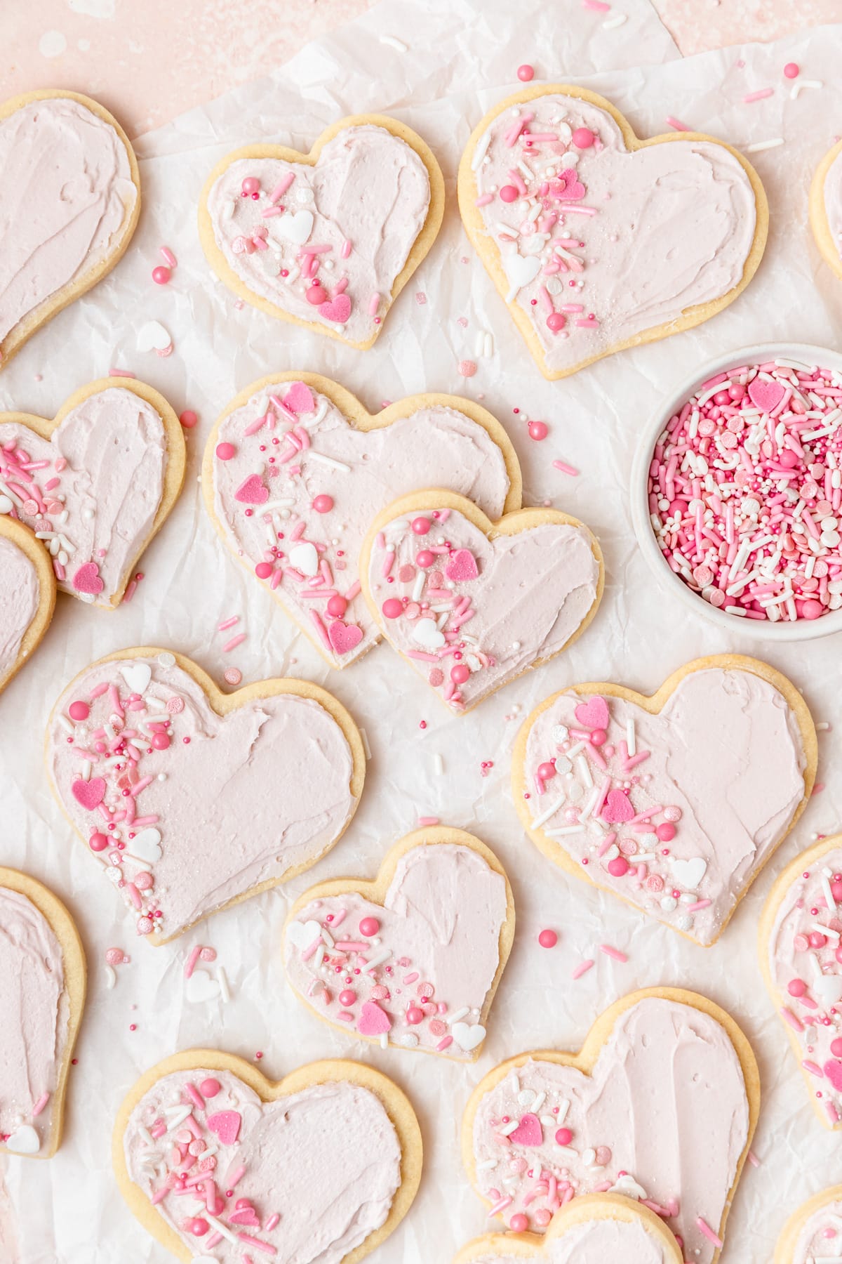 heart shaped sugar cookies with buttercream frosting.