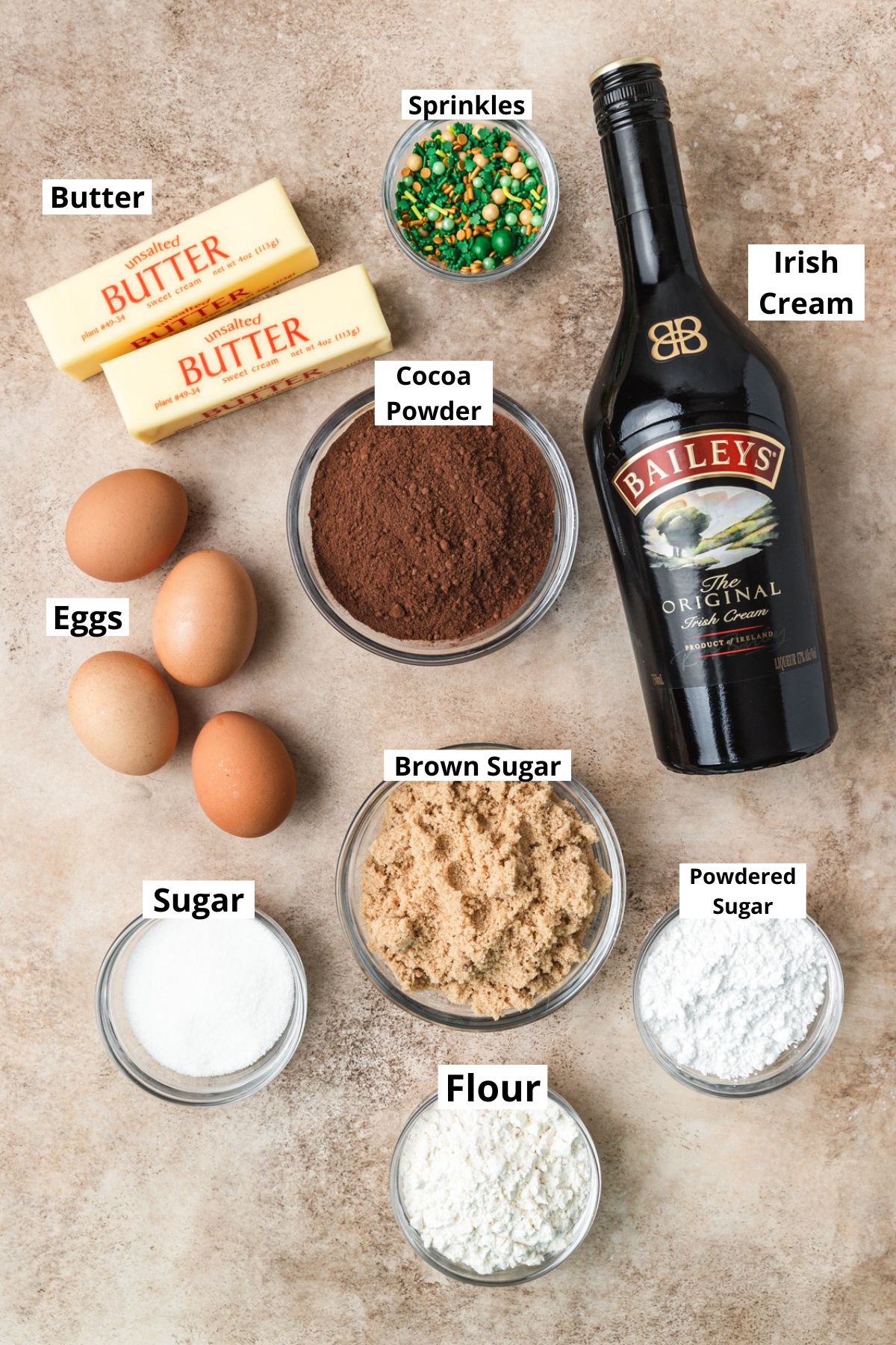 labeled ingredients for irish cream brownies.