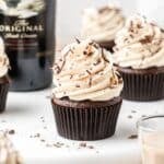 close up of bailey's irish cream cupcakes with bailey's frosting.